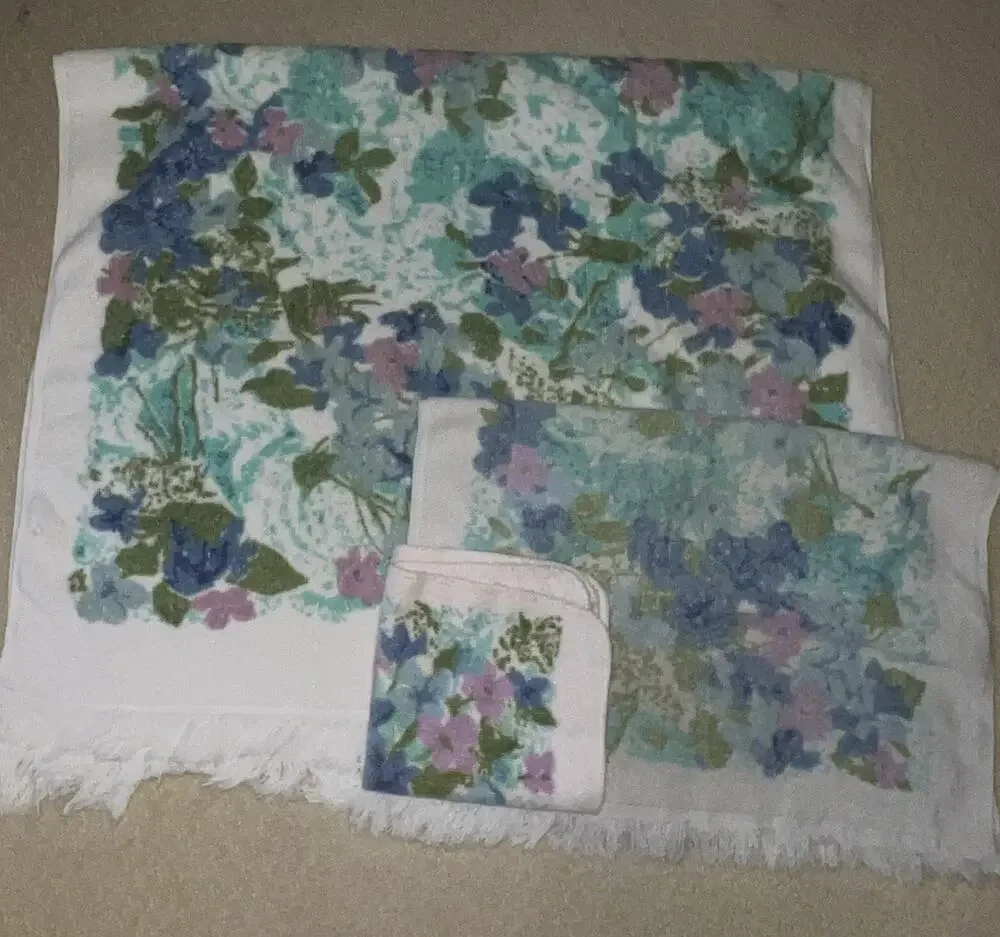 Vtg 70s Lady Pepperell Towel Set Fringed Blue Green Floral Roses Cotton 3 Pc